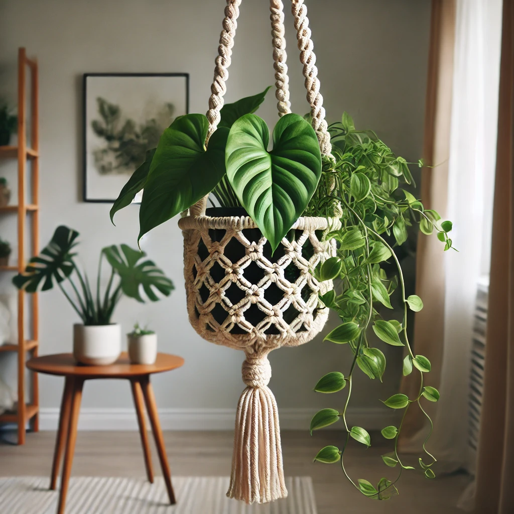 Suporte para plantas com macramê finalizado, decoração DIY estilo sustentável