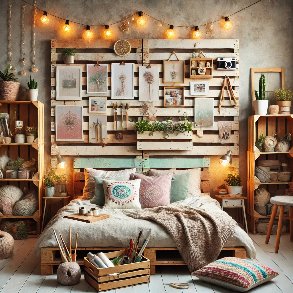 Decoração DIY para quarto com cabeceira de cama usando pallets e tecido